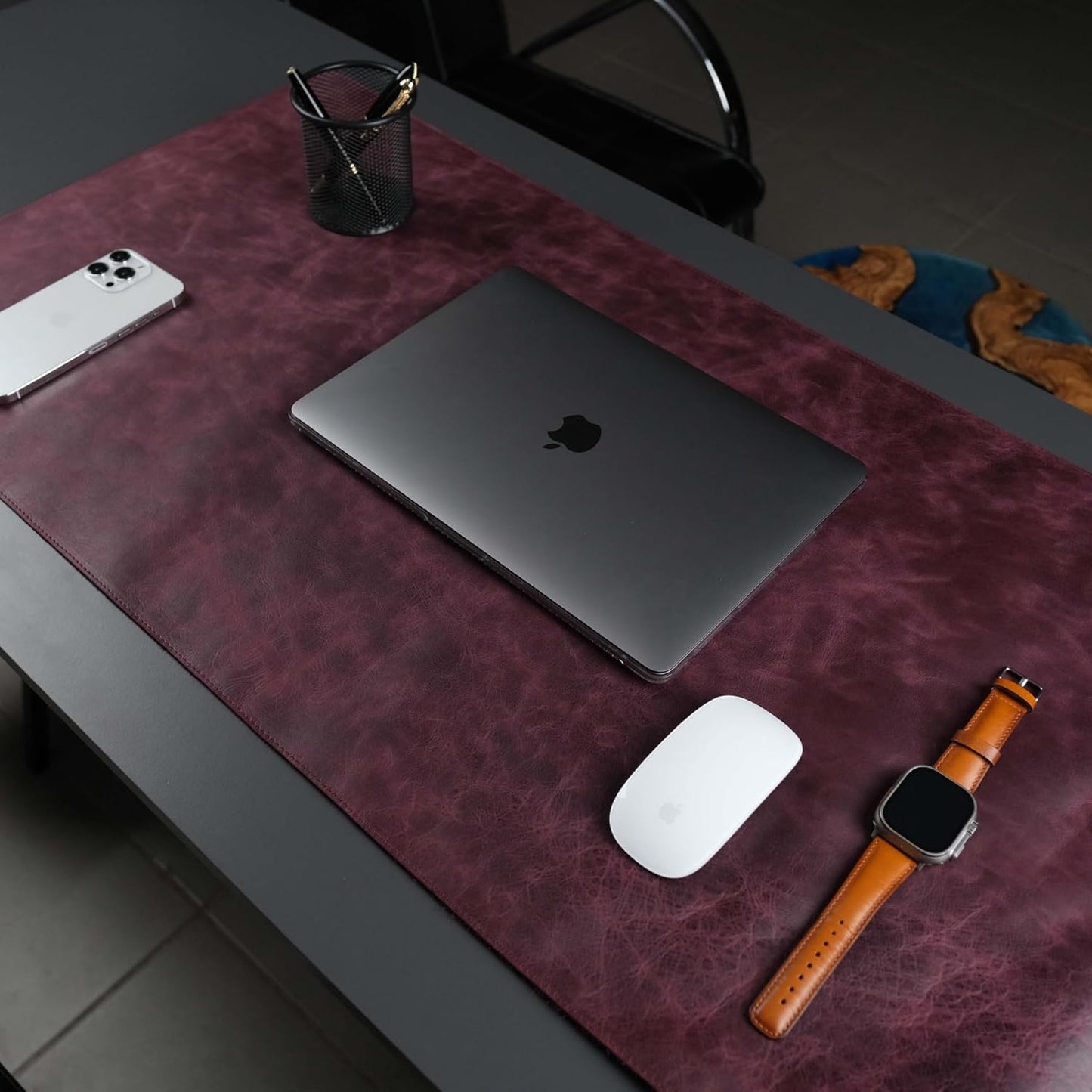 Jersey Genuine Calfskin Leather Desk Pad, Office Desk Mat with Non-Slip Bottom, Smooth Surface for Mouse & Keyboard, Desk Protector (36x19 inches) (Dark Purple)