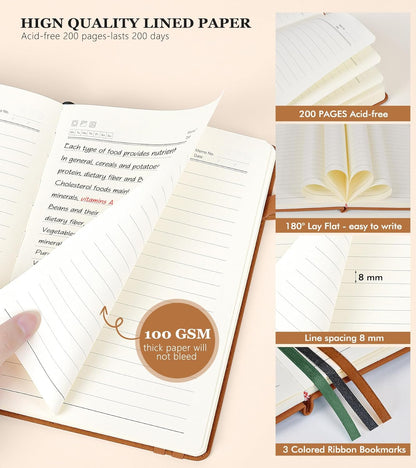 Lined Journal Notebook for Men & Women,200 Pages A5 Hardcover Leather Notebook (5.9"x8.5"), Travel Journal for Work, School, Business Writing, Note Taking, Notepad Diary (Brown)