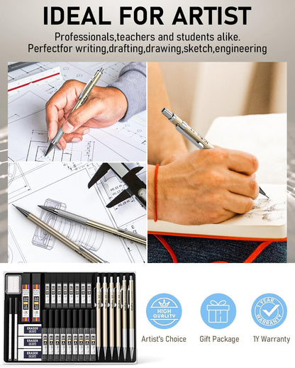 Nicpro 34PCS Art Mechanical Pencil Set, Metal Drafting Pencil 0.3 mm & 0.5 mm & 0.7 mm & 0.9 mm & 2PCS 2mm Lead Holder (6B 4B 2B HB 2H 4H Colors) For Sketching Drawing With 19 Tube Lead Refills Case