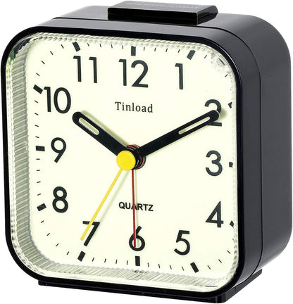 Small Battery Operated Analog Travel Alarm Clock Silent Non Ticking,Gentle Wake, Ascending Beep Sounds, Snooze,Lighted on Demand, Glow in Dark dial,Easy Set