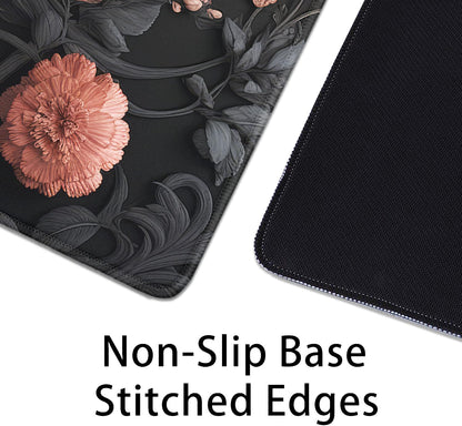 Black Art Flowers Mouse Pad,Large Vintage Floral Mousepad Desk Pad with Stitched Edges,Non-Slip Waterproof Rubber Base Mouse Mat for Office Computer Keyboard Laptop Home(27.5x11.8 in)