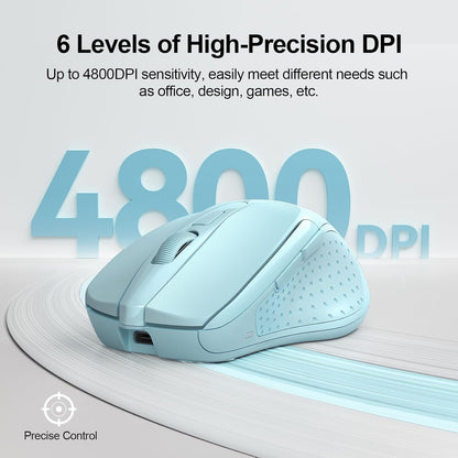 TECKNET Wireless Mouse (BT5.0/3.0 & 2.4G) Rechargeable 4800 DPI Silent USB A & Bluetooth Mouse 6 Buttons, Wide Compatibility - Lightblue