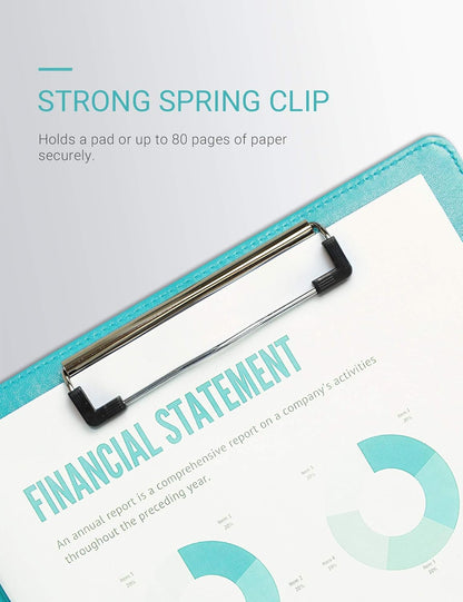 Clipboard Folder Padfolio, Writing Portfolio Faux Leather Clipboards with Cover for Legal Pad Holder Letter Size A4 8.5 x 11 for Business Conference Notepad Clip Boards (Pale Turquoise)