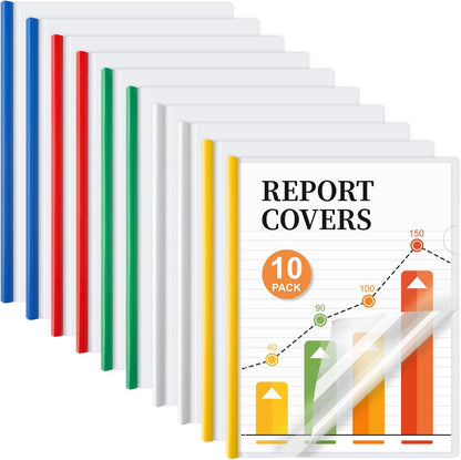 JOERSH 10Pcs Clear Report Covers with Sliding Bar, 40 Sheet Capacity Plastic Binder Paper Protector, Report Folders with Clear Cover for Resume File Documents, 5 Colors