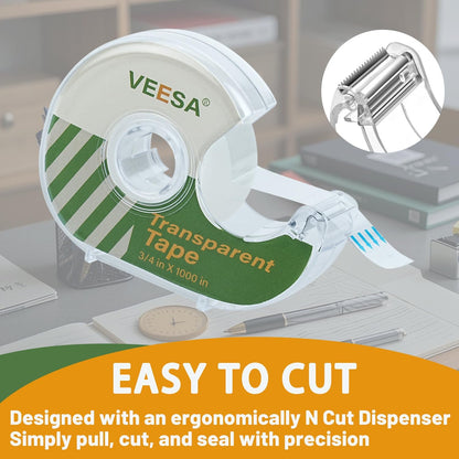 VEESA Transparent Tape with Dispenser, 3/4 x 1000 Inches, 12 Rolls Clear Tapes for Craft Jobs, Home & School Supplies