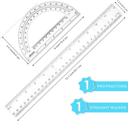 Zonon 2 Pack 12'' Plastic Ruler and 6'' Plastic Protractor Set Clear Ruler Protractor Set Math Geometry Supplies for School Classroom Home Office Drawing(Clear)
