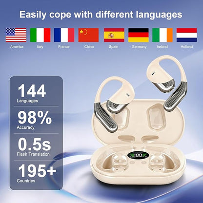AI Translator Earbuds Real-Time 144 Languages & Accents, 3-in-1 Open Ear Wireless Bluetooth Earbuds with Charging Case,Translation Device for Travel Business Learning Compatible with iOS and Android
