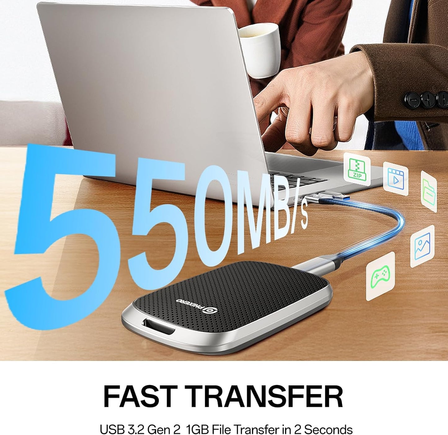 PHIXERO P5PLUS Portable SSD 256GB Up to 550MB/s, USB 3.2 Gen 2 External Solid State Drive，USB C to C&A for Smartphone，Tablet，PC，Labtop (Black)