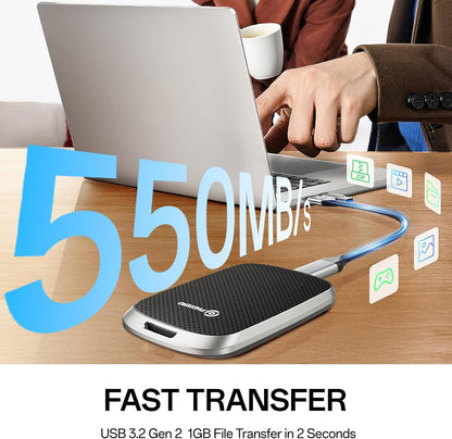 PHIXERO P5PLUS Portable SSD 512GB Up to 550MB/s, USB 3.2 Gen 2 External Solid State Drive，USB C to C&A for Smartphone，Tablet，PC，Labtop (Black)