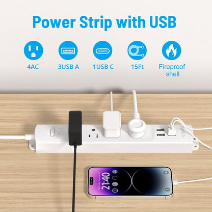 TROND Surge Protector Power Strip with USB, Ultra Thin Flat Plug 15ft Long Extension Cord 1625W, 3 USB A & 1 Type C, 4 AC Outlets 1440J Surge Protection for Wall Mount for Home Office Dorm Room, White