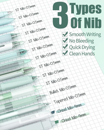 Four Candies 14Pack Pastel Gel Ink Pen Set,Cute Retractable 0.5mm Fine Point Pen,Note Taking Aesthetic Pens,12 Pack Black Ink Pens with 2Pack Highlighter, Smooth Writing Pens for School, Office(Green)