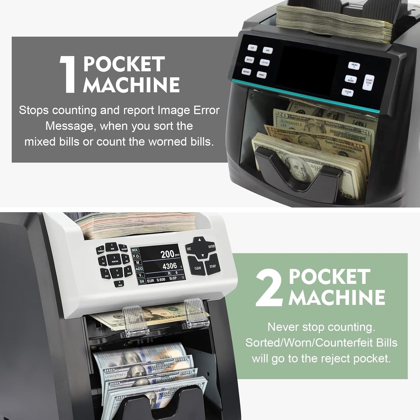 S75 Bill Counter and Sorter, Money Counter Machine Mixed Denomination, Two Pockets Cash Value Counter, Counterfeit Detection 2 CIS/UV/MG/IR, Serial Number, Multi Currency,2Yr Warranty
