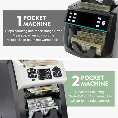 S75 Bill Counter and Sorter, Money Counter Machine Mixed Denomination, Two Pockets Cash Value Counter, Counterfeit Detection 2 CIS/UV/MG/IR, Serial Number, Multi Currency,2Yr Warranty
