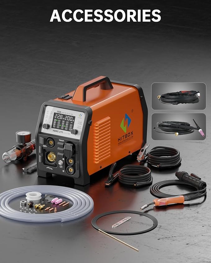 HITBOX Plasma Cutter Welder Combo, Synergy MIG Welder 200A, 220V [6 in 1] Gasless/Gas MIG/HF TIG/Plasma Cutter 40A/Stick/Spot, 2T/4T Aluminum Multi Process Welder Machine (HBMC270)
