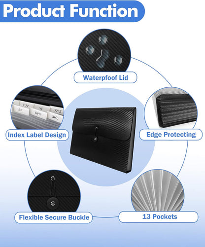 Expanding File Folder with Tabs, 13 Pockets File Organizer Accordion File Holder ，with Elastic Buckles Closure, A4 Paper Document Organizer for Home School Office