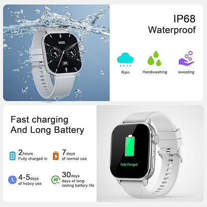 Smart Watch for Men Women, 1.85'' AMOLED HD Fitness Watch with 120+ Sports Modes, Bluetooth Call/Heart Rate/Sleep Monitor/Pedometer, Smartwatch for Android iOS, IP68 Waterproof, Silver