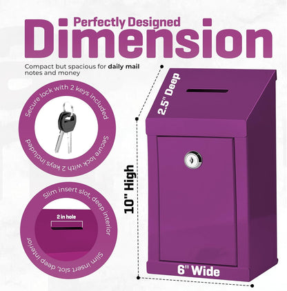 Metal Donation Box-Suggestion Box with Slot and lock-Cash Lock box for Money-Secure Drop Box-Comment and ballot voting box-comes with pre-drilled holes for easy wall mounting 10 X 6 X 2.5"(Purple)