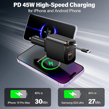 Retractable Car Charger USB C 4 in 1 87W Cigarette Lighter Car Phone Charger Adapter for iPhone 17 with Voltage Display Fast Charge for iPhone,Android,Samsung,etc