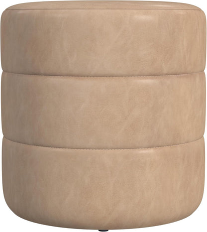 HomePop Upholstered Faux Leather Round Ottoman Home Décor|Foot Rest Ottoman- Sand Faux Leather