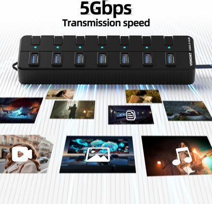 USB hub,7 Port USB 3.0 Hub,VEMONT USB Splitter with Individual On/Off Switches and Lights, 4ft/1.2m USB HUB Long Cable, USB Extension for Laptop and PC Computer