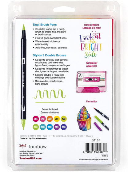 Tombow 56185 Dual Brush Pen Art Markers, Bright, 10-Pack. Blendable, Brush and Fine Tip Markers