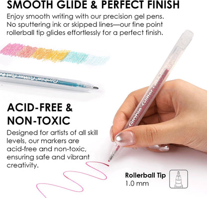 Grabie 42 Glitter Gel Pen Set, 18 Iridescent&24 Essential Color Pens, Smooth Rollerball Tip, Metallic Sparkly Gel Pens for Coloring (42 Colors Capped Glitter Gel Pens)