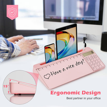 Desktop Glass Whiteboard with Mirror & Calculator(12 Digit LCD Display) & Ruler Marker,Tilted Computer Keyboard Stand with Dry Erase Board Surface, Desk Organizers with Accessories,Pink