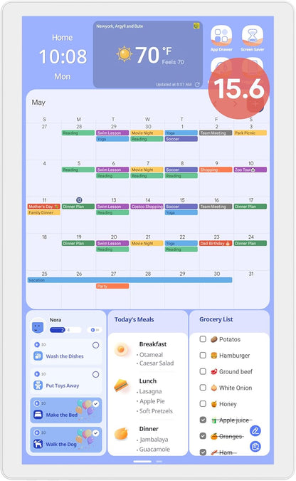 Digital Calendar 15.6'' Wall Touch Screen Chore Chart Customize Dashboard Smart Electronic Calendar Digital for Family Meal Planner Support All Google Play Apps with Stand Wall Mount White