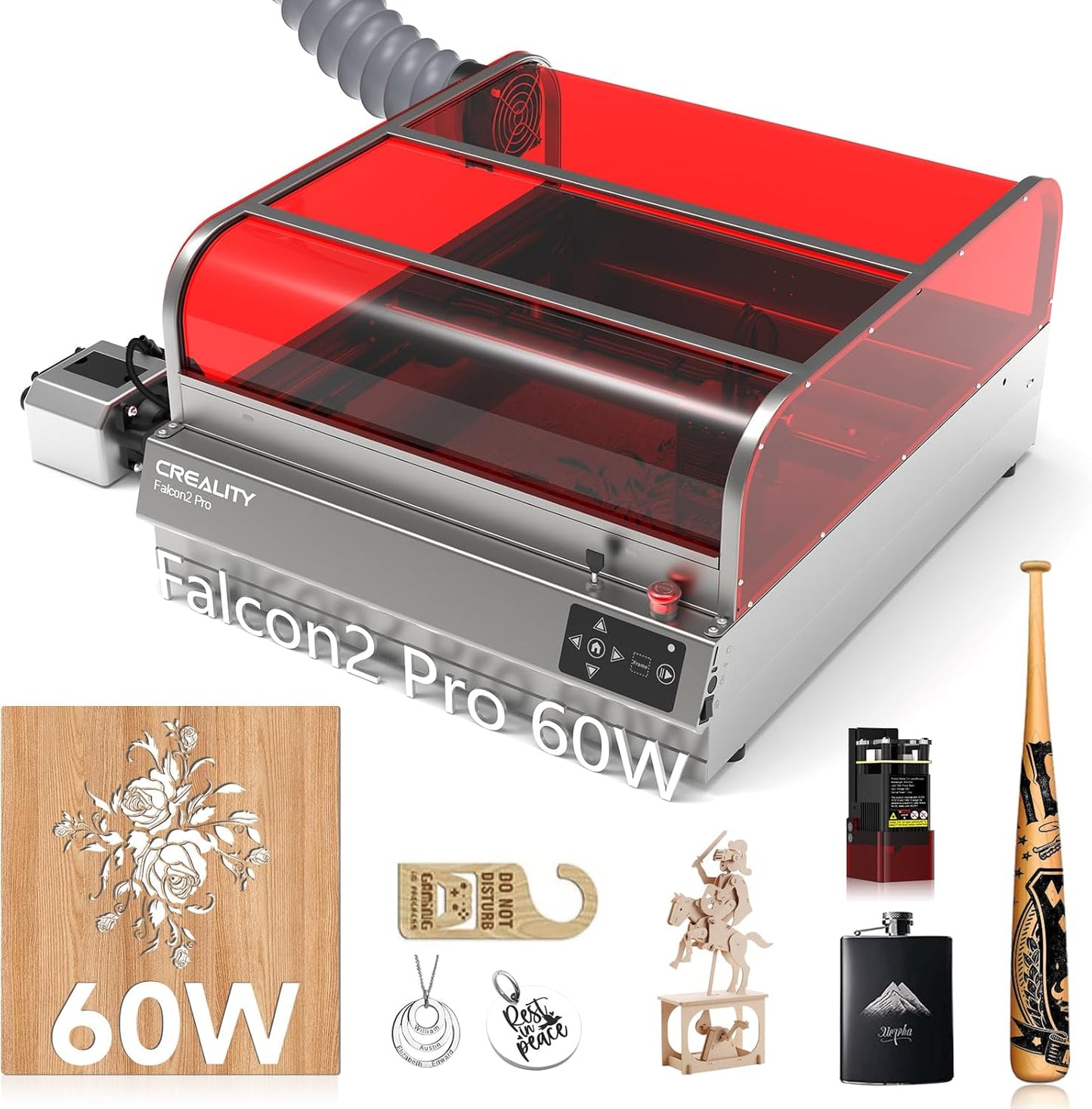 Creality Laser Engraver Enclosed, Falcon2 Pro 60W Output Laser Engraving Machine, 25000mm/min Speed Laser Cutter with Air Assist, Auto Fan, Camera Positioning for Wood and Metal