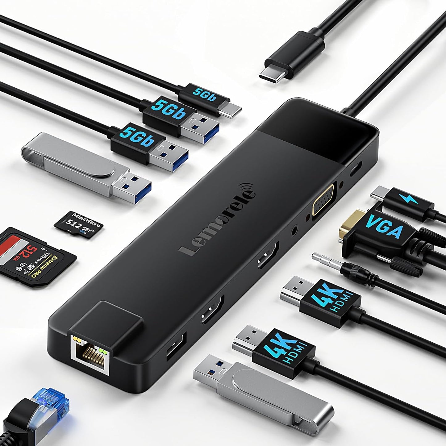 Lemorele 13 in 1 USB C Docking Station for Triple Monitors, Dual 4K HDMI, 1000M RJ45, VGA, 4 USB 3.0/2.0, SD/TF, 3.5MM Audio, USB C 3.0, 100W PD, Compatible with Type C Laptops