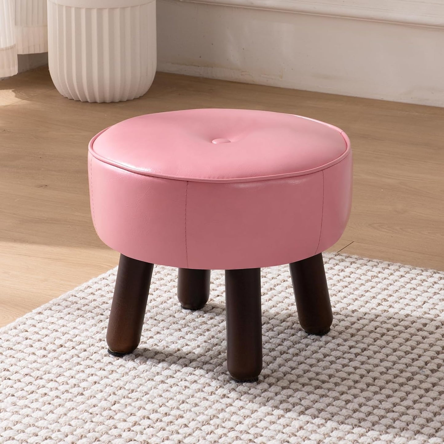 Small Foot Stool Round Pouf Ottoman, 13'' Leather Foot Rest with Non-Skid Rubber Legs, Foolstool Ottomans for Couch, Sofa Footrest Step Stool for Living Room Bedroom Entryway Office, Pink