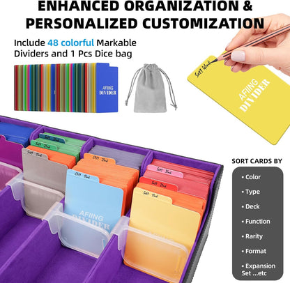 AFIING Trading Card Storage Box, MTG Deck Box with 48 Dividers & Supporters, Commander Card Deck Case Fits for Magic Game Cards, YugiOh, TCG, baseball and Sport Cards, Black Purple 3200+