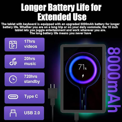 2026 Android 15 Tablet 10 Inch, 26GB+256GB+2TB Expand, 2 in 1 Tablets with Keyboard Case Mouse Stylus, 8000mAh Battery, Octa-Core, Dual Camera, Supports Widevine L1, 5G WiFi, GPS (Sliver Case)