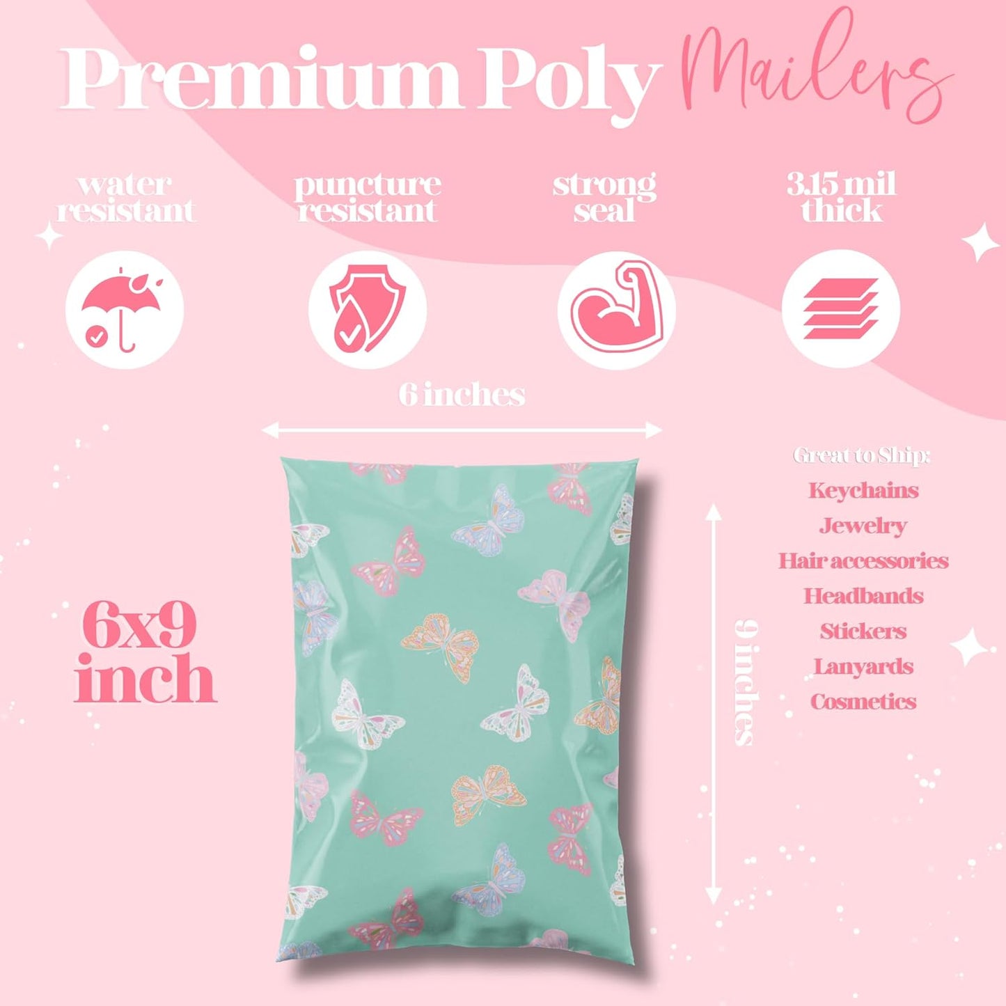 6x9 Designer Poly Mailer 100 Pack Heavy Duty Waterproof Self Seal Shipping Bags for Small Business Large Mailing Envelopes Bulk Tear Resistant Packaging Butterfly