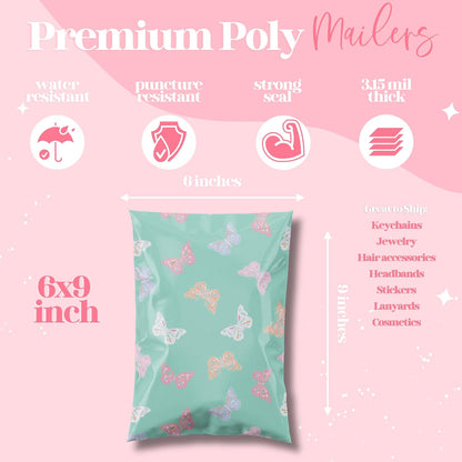 6x9 Designer Poly Mailer 100 Pack Heavy Duty Waterproof Self Seal Shipping Bags for Small Business Large Mailing Envelopes Bulk Tear Resistant Packaging Butterfly
