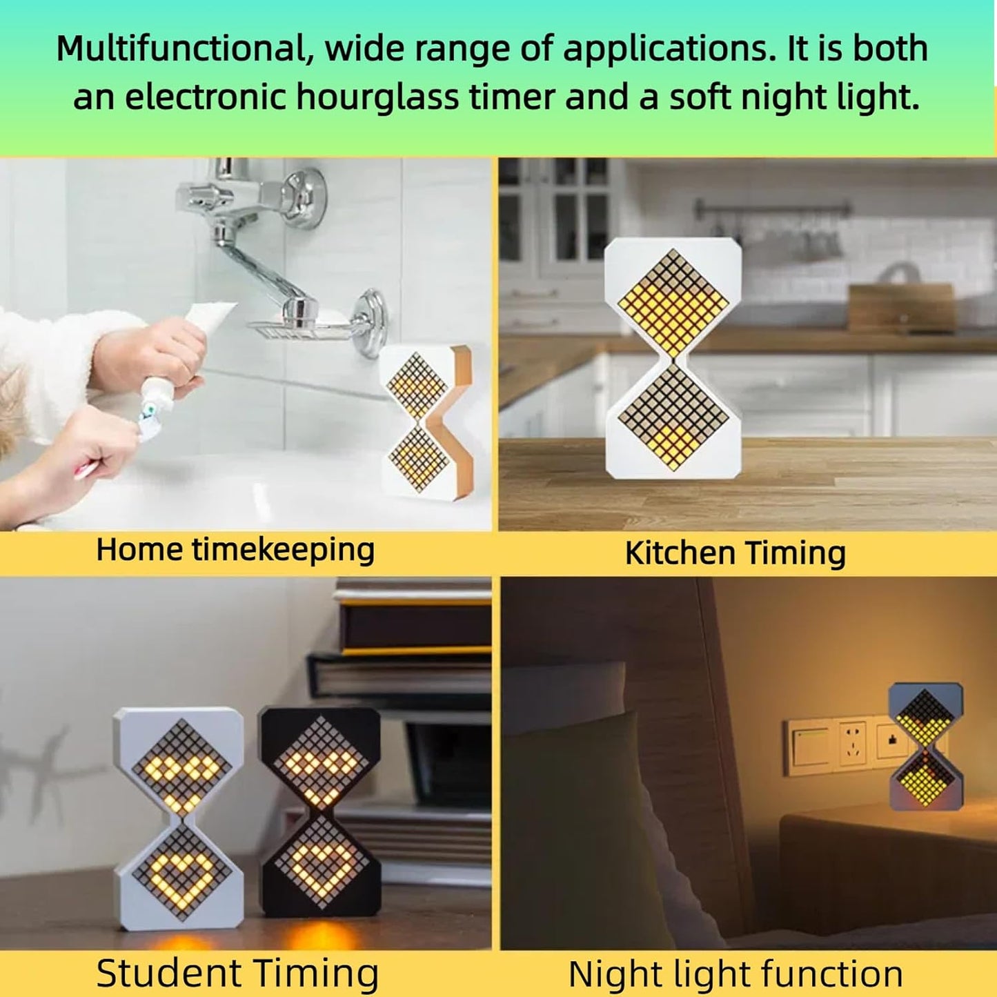 Digital Hourglass 1-30 Minute Freely Adjustable Gravity Timer Dynamic Flow Cube Led Night Light Hourglass Timer for Classroom Home Office Cooking (Black, Yellow Light Source)