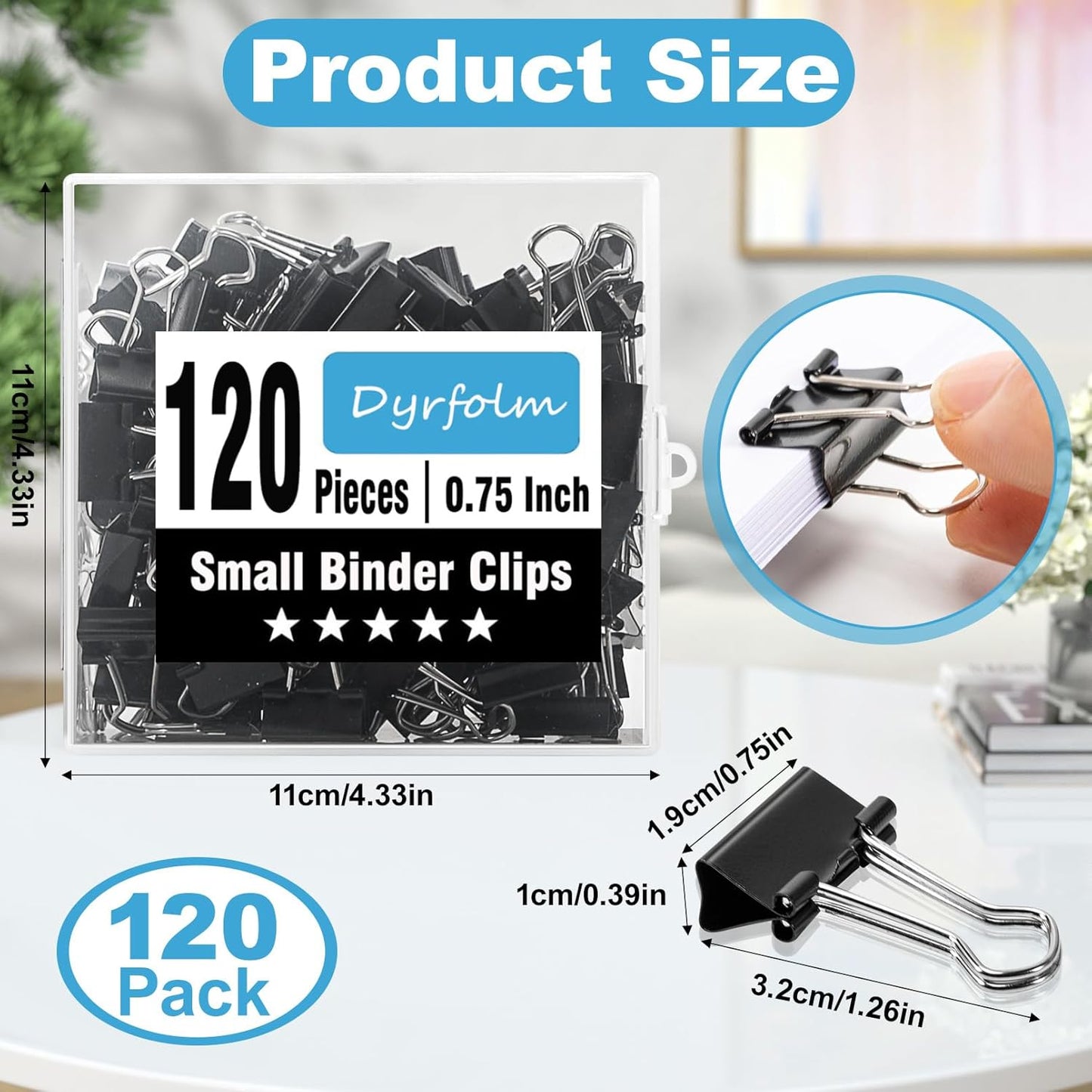 120 Pack Small Binder Clips,3/4 Inch Width Paper Clips,Black Binder Clips,Mini Binder Clips,Small Paper Clamps for Office Supplies Home and Business,Metal Binder Clips