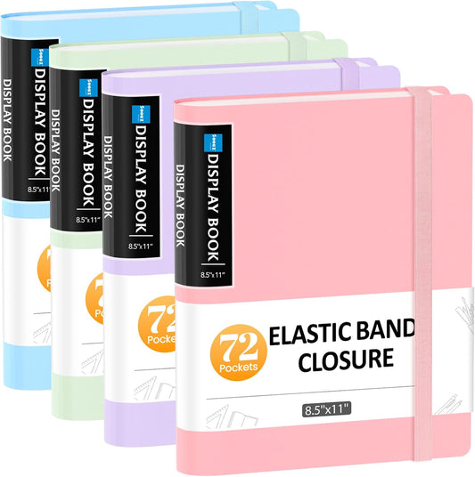 Sooez 4 Pack 72 Pocket Binder with Plastic Sleeves & Elastic Band, Large Capacity 8.5x11 Presentation Book Display 144 Pages, Art Portfolio Document Folder with Clear Sheet Protectors