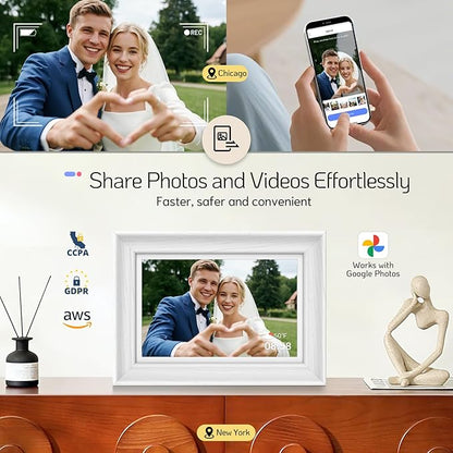 NexFoto Touchscreen Digital Picture Frame 10.1 Inch 64GB, WiFi Photo Frame Electronic, Add Pics from Google Photos, Easy to Share Videos via App/USB/Micro SD, for Christmas/Mom/Birthday, White Wood