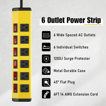 ANNQUAN 4PCS 6 Outlet Metal Power Strip with 6 Individual Switches,Heavy Duty Power Strip 1200J 15A 6FT Cord Home Office Industrial Commercial Shop