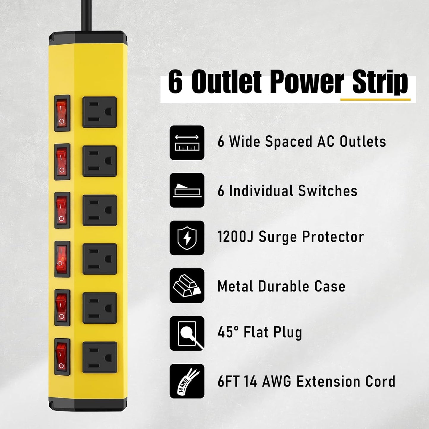 ANNQUAN 2PCS 6 Outlet Metal Power Strip with 6 Individual Switches,Heavy Duty Power Strip 1200J 15A 6FT Cord Home Office Industrial Commercial Shop