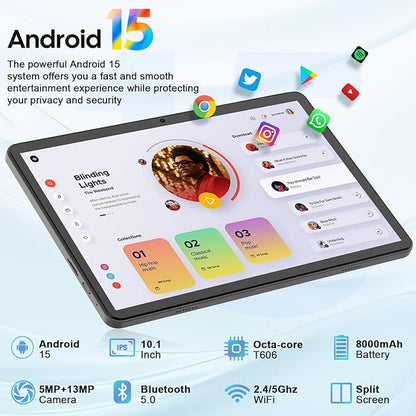 Android 15 tablet with keyboard, 26GB RAM+256GB ROM(2TB Expand), 10 inch tablet with 8000mAh Battery, 2.4G/5G WiFi, BT 5.0, 5MP+13MP Dual Camera, Gemini AI, Octa-core, Mouse, Stylus, Case(Silver Case)