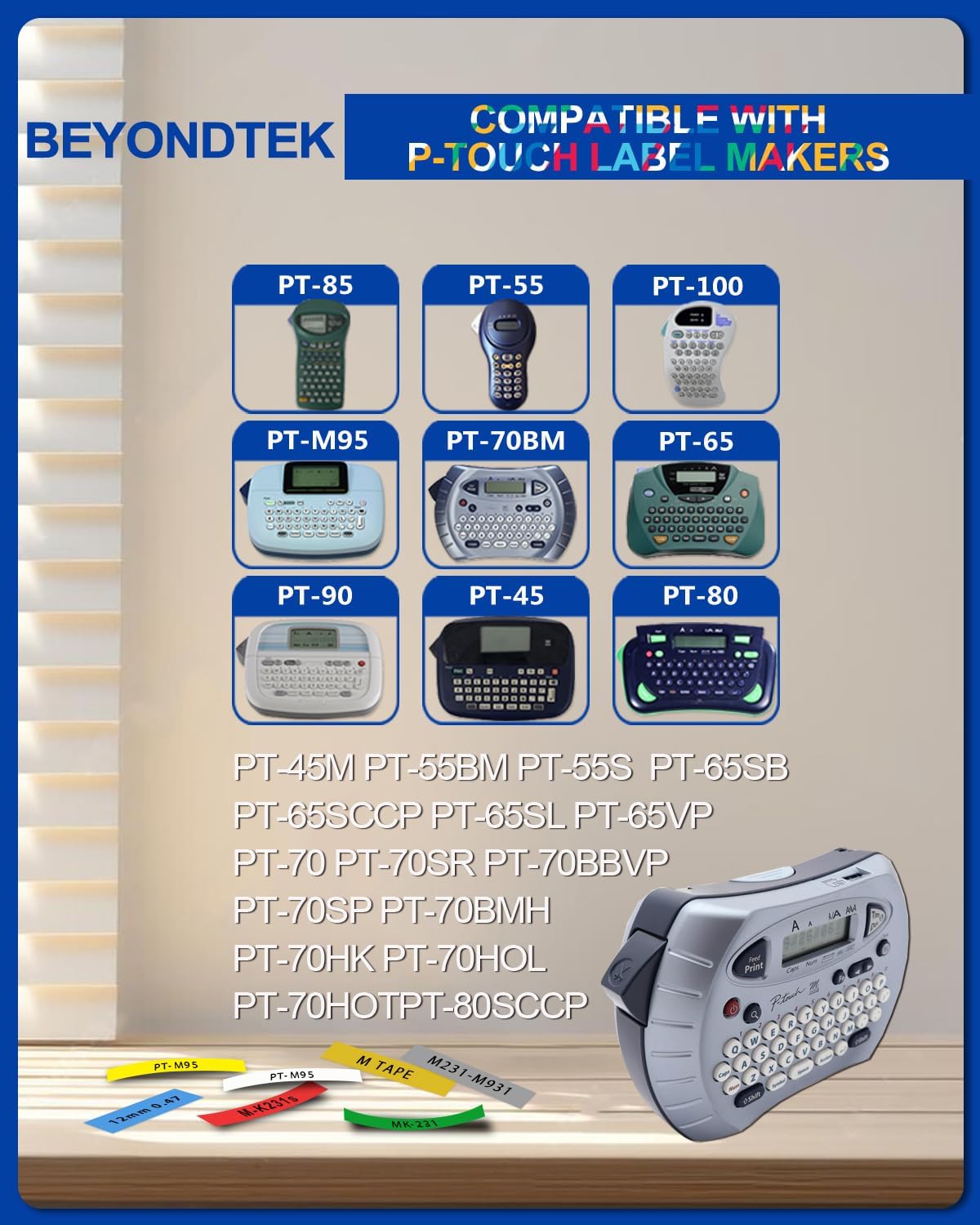 M Tape Work for PT-65 PT-70 PT-70BM PT-M95 Replace with Brother P Touch M Tape 12mm 0.47 Colors for M-K231s/M-431/M-531/M-631/M-731/M-831/M-931s with Label Maker PT-45 PT-80 PT-90 8m 26.2ft