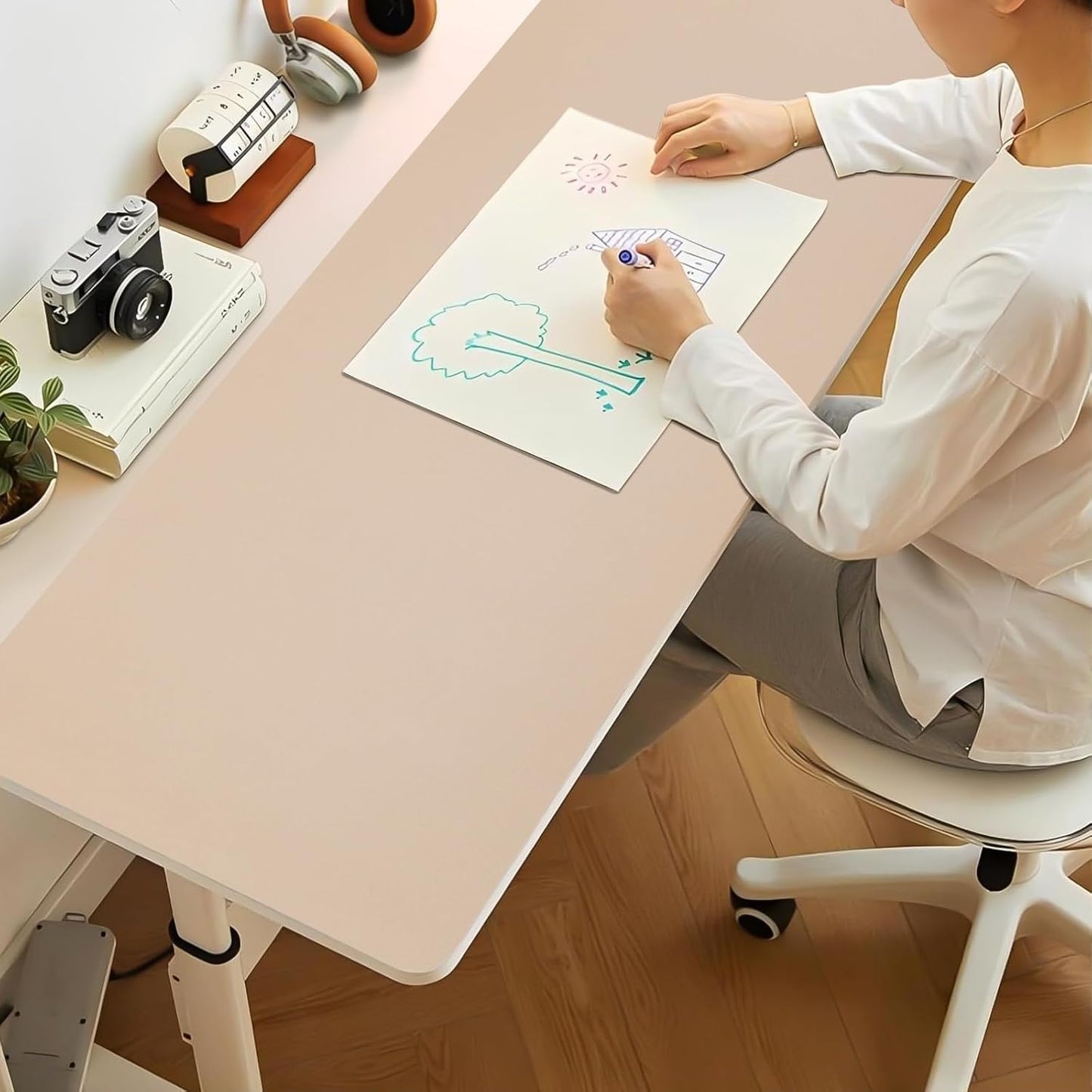 Bloss Extra Large Leather Desk Ma, 47.2" x 16.9" Non-Slip Dressing Table Cover Protector, Waterproof Student Study Desk Mat, Home Office Decor - Beige