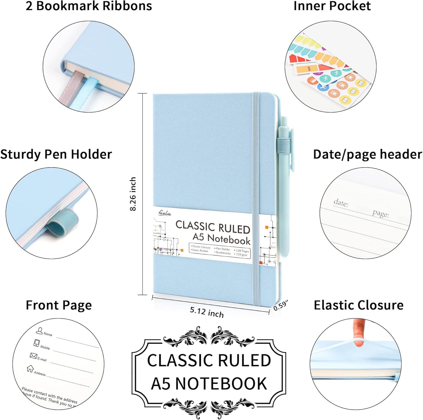 feela 8 Pack Notebooks Journals Bulk, Hardcover Notebook Classic Ruled Lined Journals with Pen Holder for Women Girls School Business Supplies, with 8 Black Pens, 120 GSM, 5.1”x8.3”, A5, Light Blue