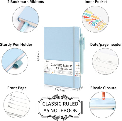 feela 8 Pack Notebooks Journals Bulk, Hardcover Notebook Classic Ruled Lined Journals with Pen Holder for Women Girls School Business Supplies, with 8 Black Pens, 120 GSM, 5.1”x8.3”, A5, Light Blue