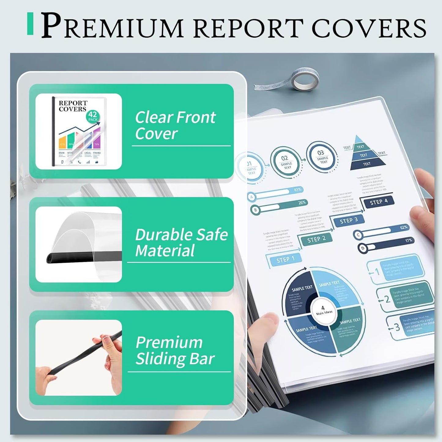 42 Pack Report Covers, COIDEA Report Covers with Sliding Bar, Presentation Folders for A4 and Letter Size Paper, Clear Report Covers Binder Bulk for School Business, 70 Sheet Capacity