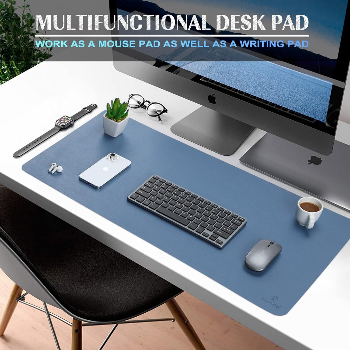 K KNODEL Large Office Leather Desk Mat, Mouse and Keyboard Pad, Computer and Laptop Mat, Desktop Protector and Cover, Writing Pad and Blotter (31.5"x15.7", Lake Blue)