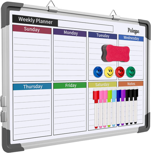 Dry Erase Calendar Whiteboard for Wall, Polegas 16" X 12" Magnetic White Board Board, Small Wall Monthly Double Sided Boards Student, Home, Office (Red)
