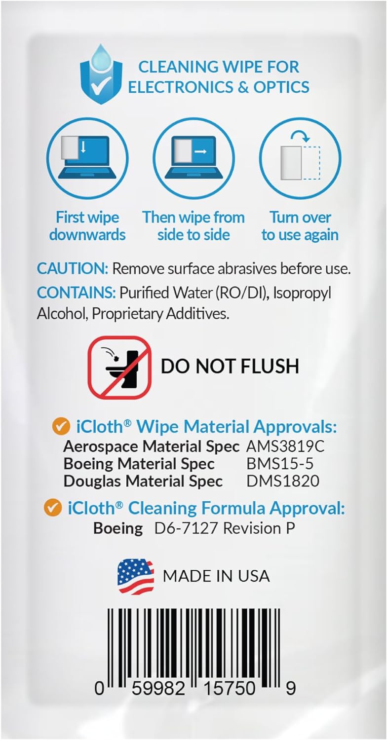 iCloth Large Screen Cleaning Wipes for Electronics, Lint-Free and Streak-Free, Fast-Drying, Removes Dust, Fingerprints, and Smudges (100 Wipes)